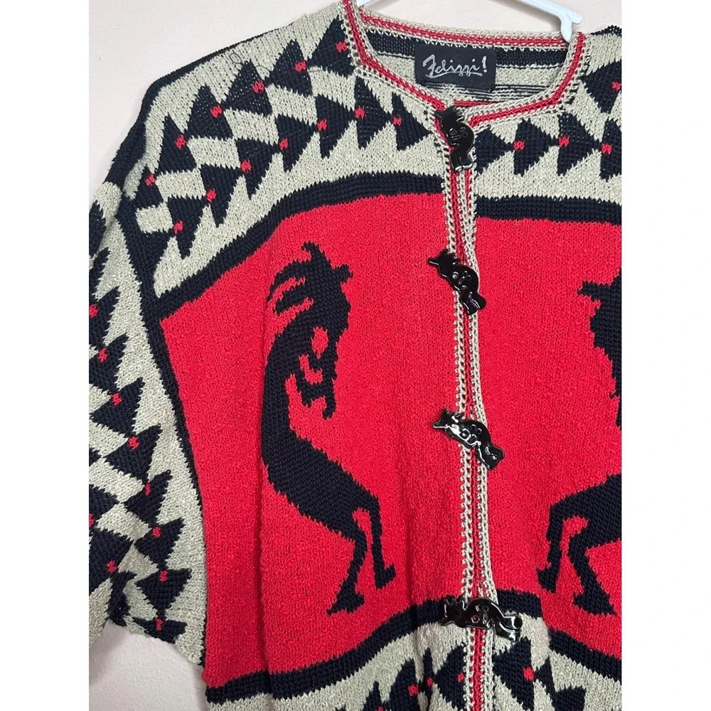 Vintage Felizzi! Women's M Kokopelli Hand Loomed Cotton Cardigan Sweater Red